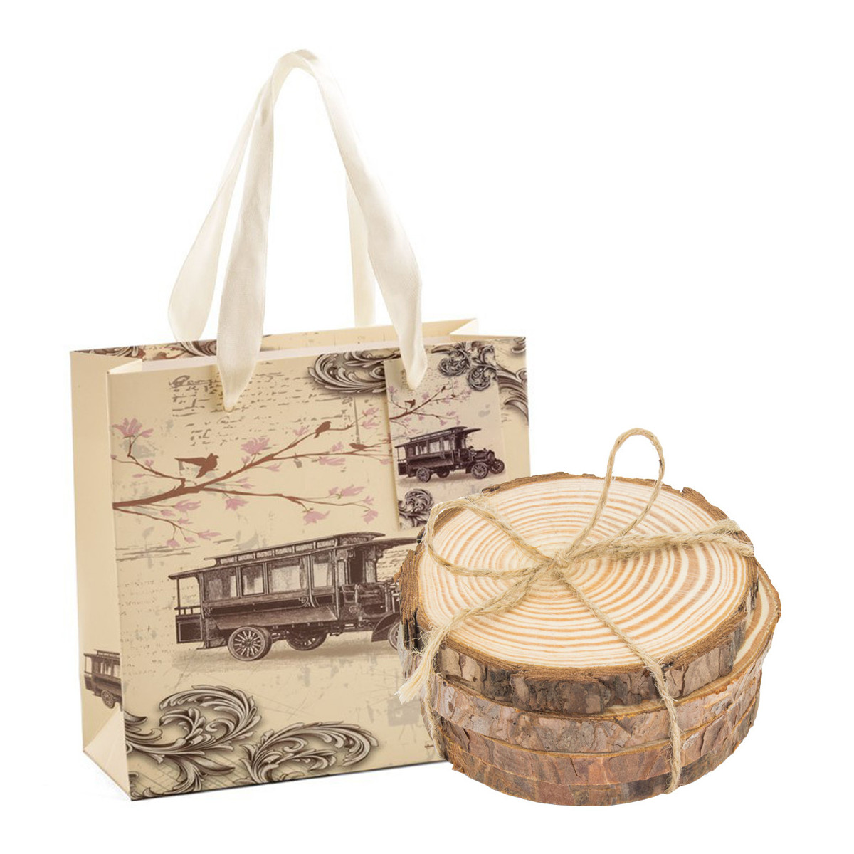 Sottobicchieri in legno con cordoncino di iuta e sacchetto di carta in stile vintage