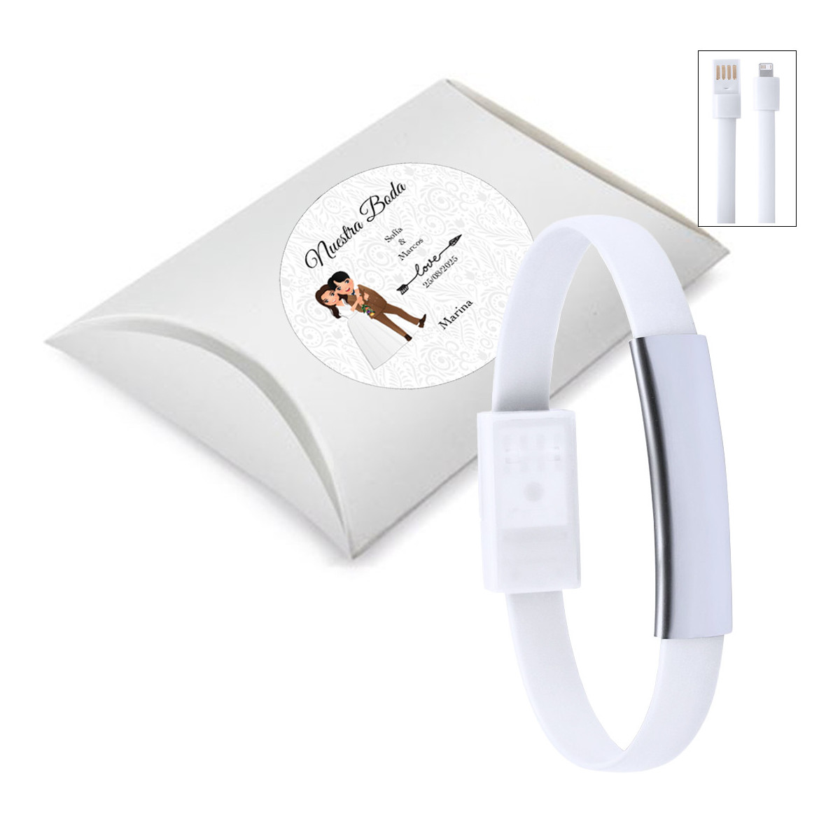 Bracciale bianco con carica cellulare presentato in una scatola d argento e adesivo personalizzato per matrimoni