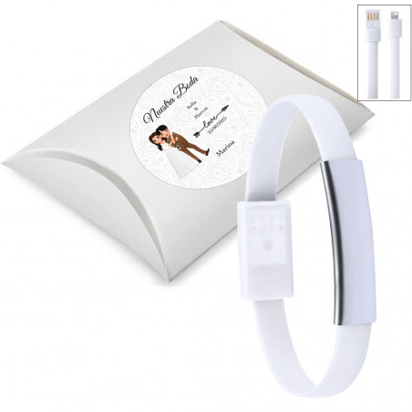 Bracciale bianco con carica cellulare presentato in una...