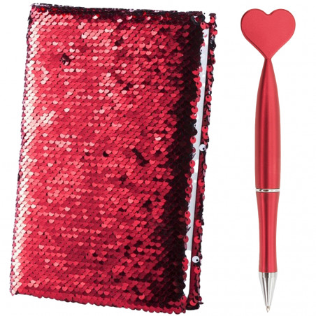 Taccuino reversibile rosso con paillettes lucide e penna a forma di cuore