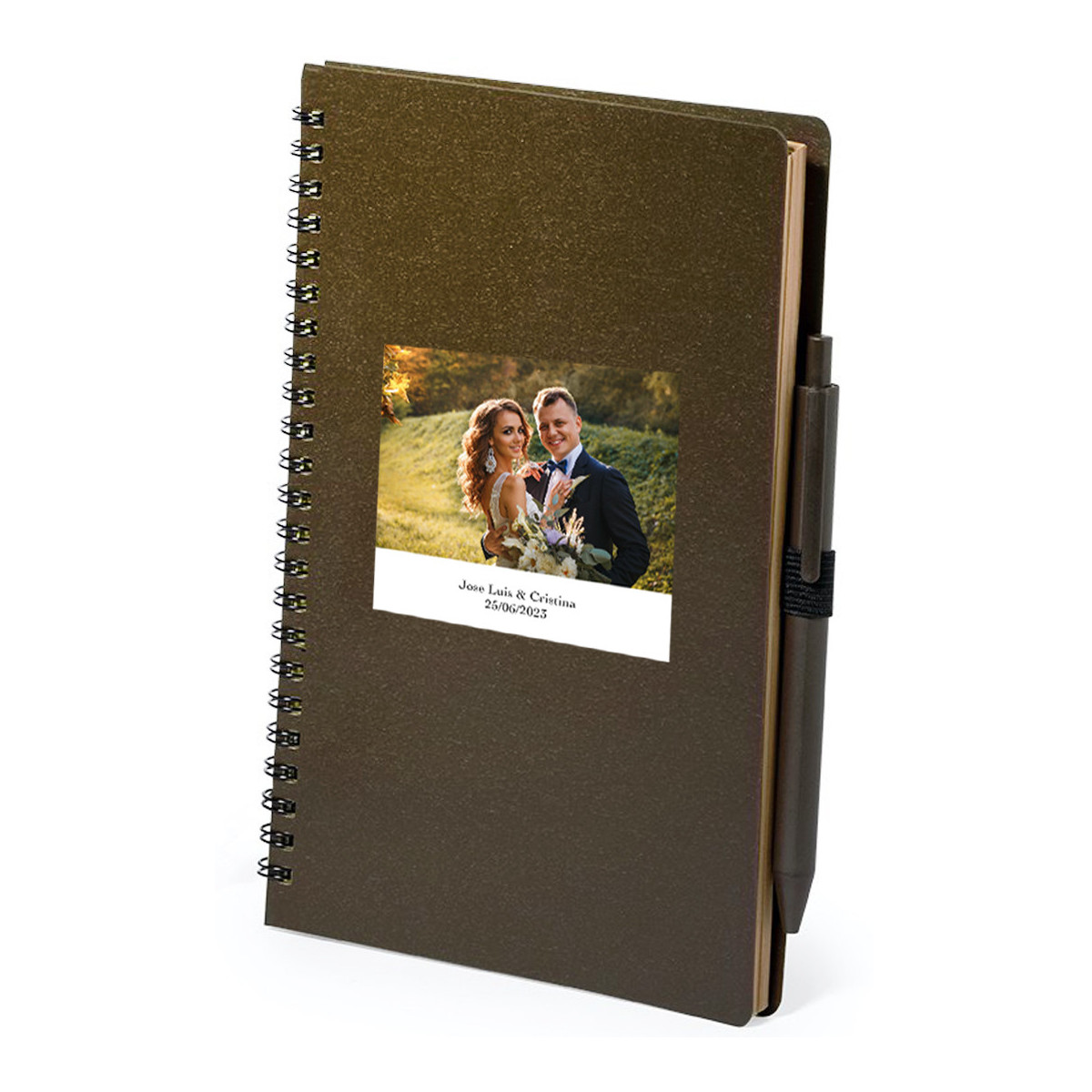 Quaderno da uomo marrone con adesivo personalizzato con foto del matrimonio