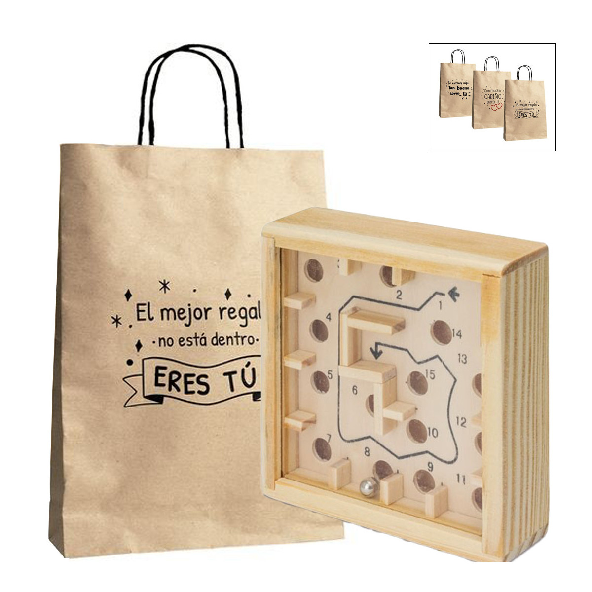 Labirinto con biglie in una scatola di legno e presentato in un sacchetto di carta con messaggi