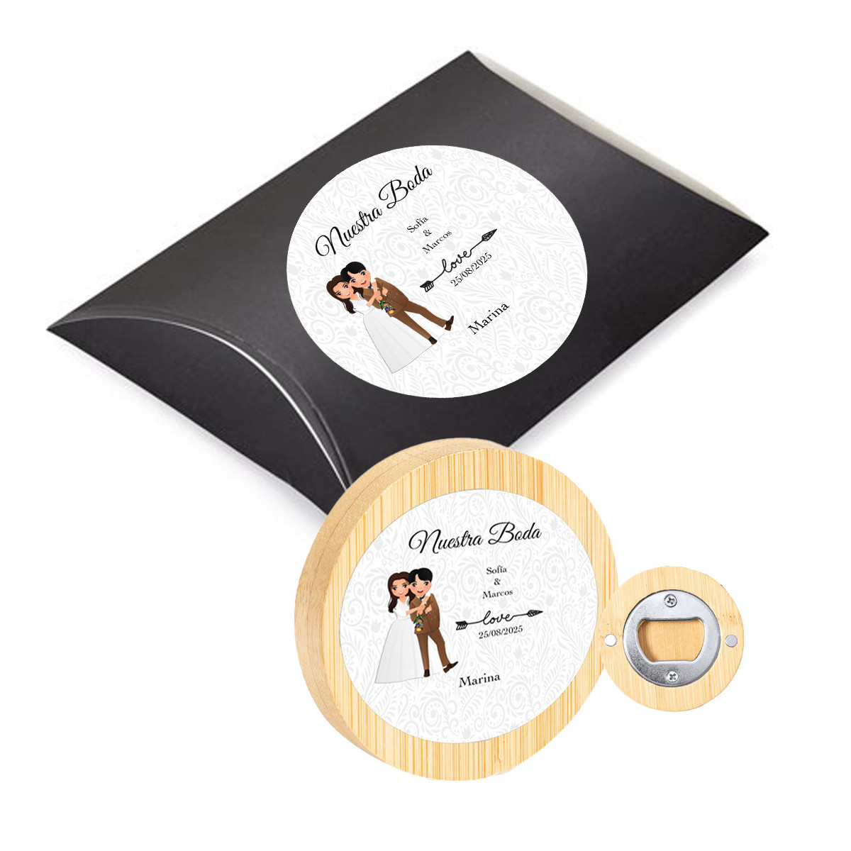 Apribottiglie con magnete personalizzato con adesivi per matrimoni e scatola regalo