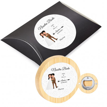 Apribottiglie con magnete personalizzato con adesivi per matrimoni e scatola regalo