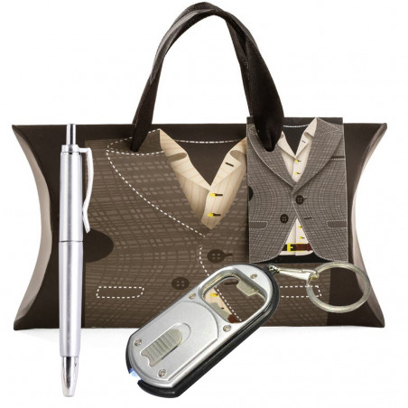Portachiavi torcia con apribottiglie e penna in colore argento. presentato in una confezione regalo
