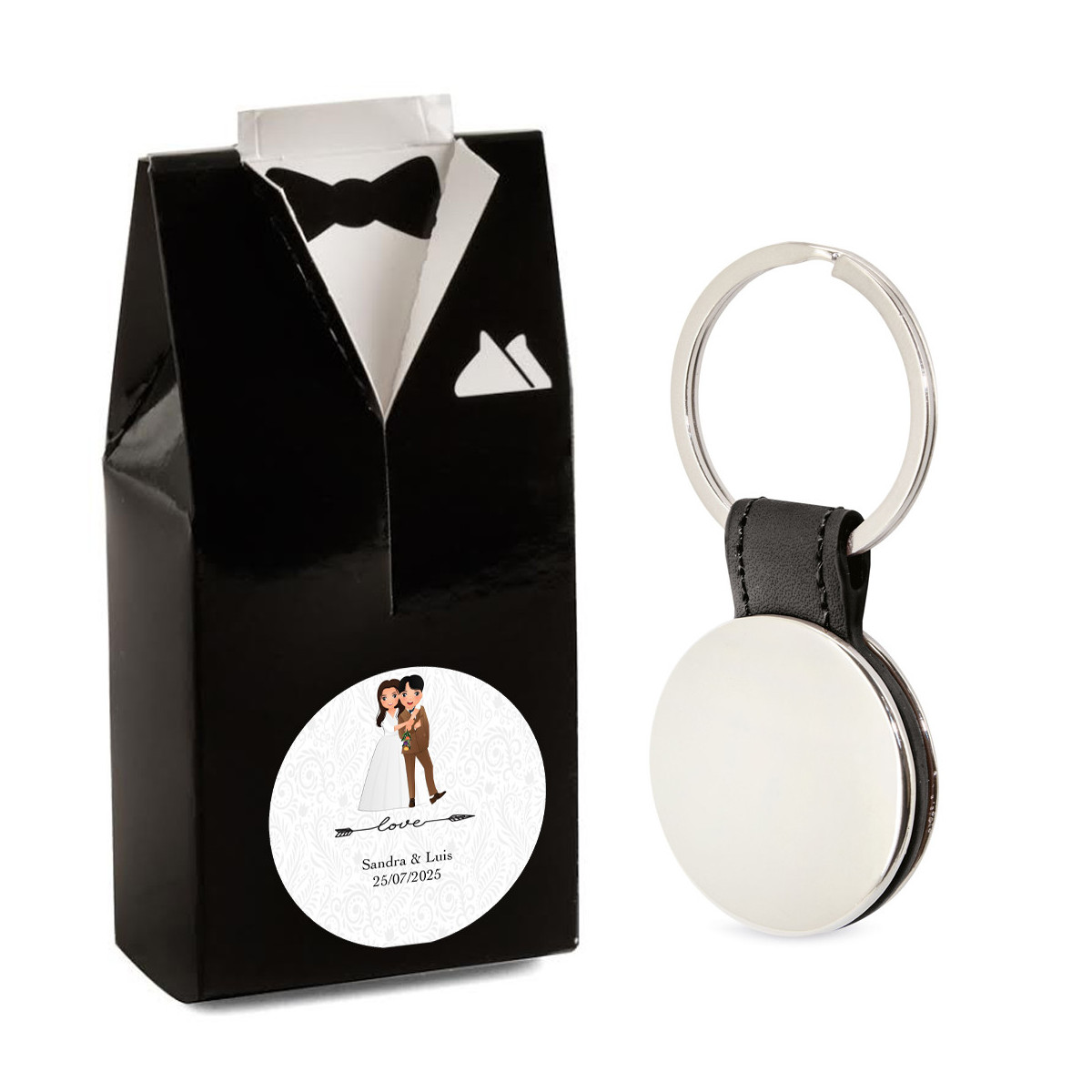 Elegante portachiavi da uomo in confezione regalo dal design smoking e adesivo nuziale personalizzabile