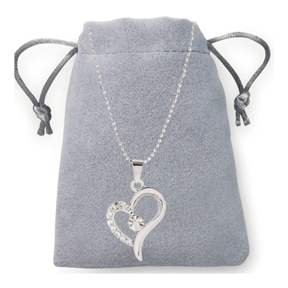 Ciondolo a forma di cuore e diamanti in sacchetto di pelle scamosciata da regalare