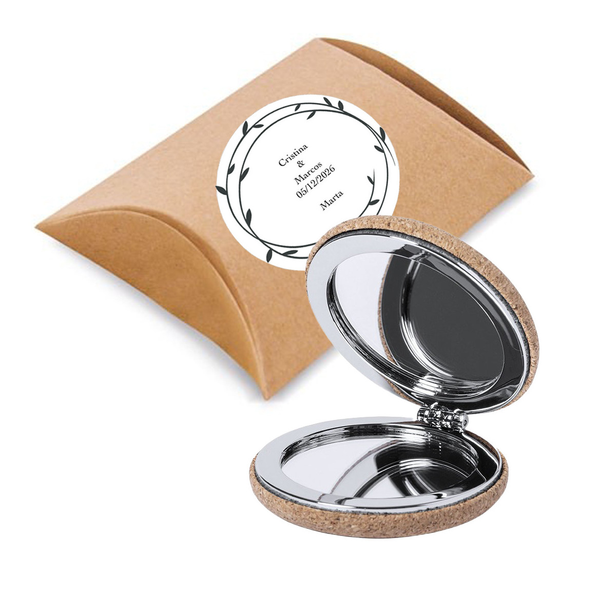Specchio in sughero per borsa in confezione regalo con adesivo personalizzato con testo