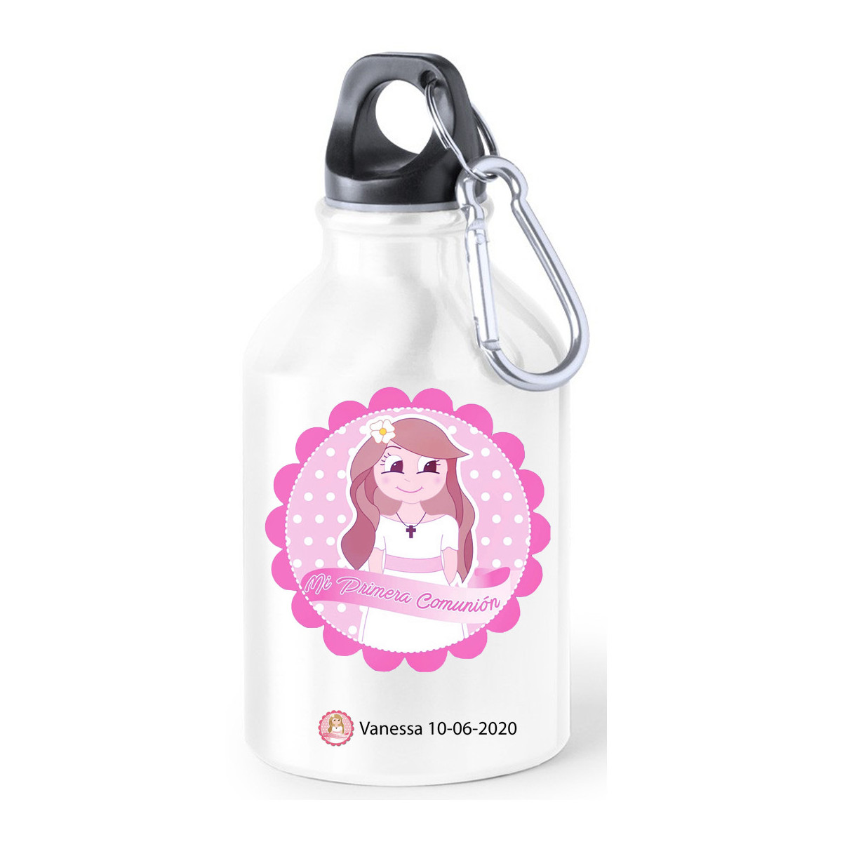 Bottiglie di comunione in alluminio per acqua presentate con adesivi di comunione personalizzati