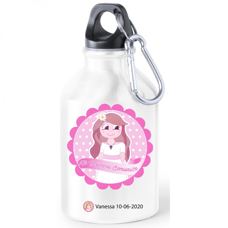 Bottiglie di comunione in alluminio per acqua presentate con adesivi di comunione personalizzati
