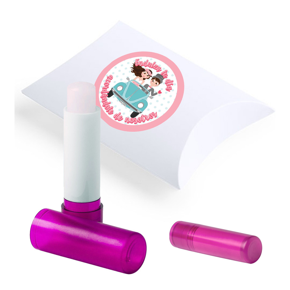 Stick lucidalabbra presentato in una scatola con adesivo nuziale