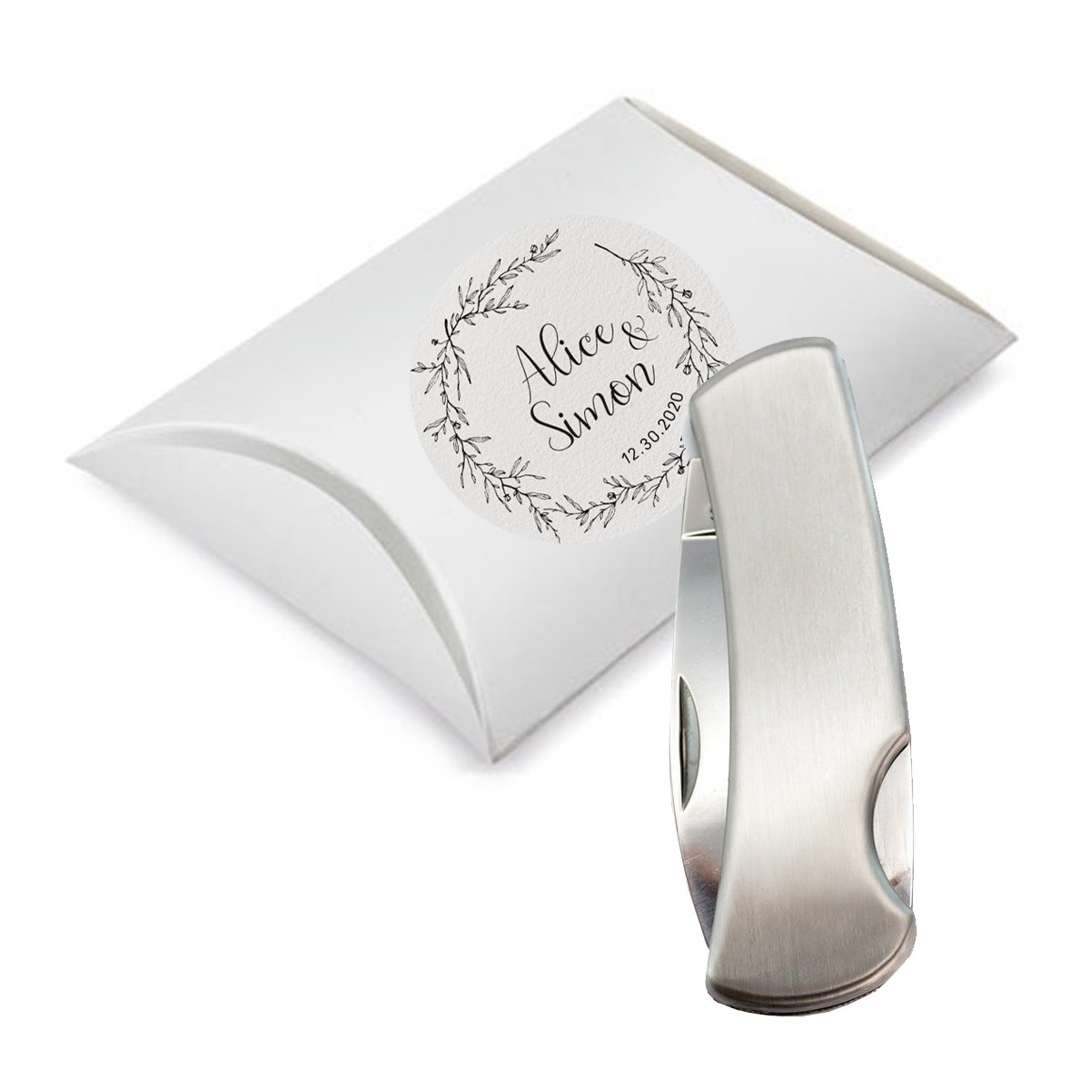Coltellino tascabile in acciaio inossidabile color argento, confezionato in una confezione regalo con adesivo personalizzato.