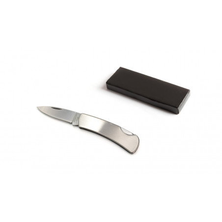 Coltellino tascabile in acciaio inossidabile color argento, confezionato in una confezione regalo con adesivo personalizzato.