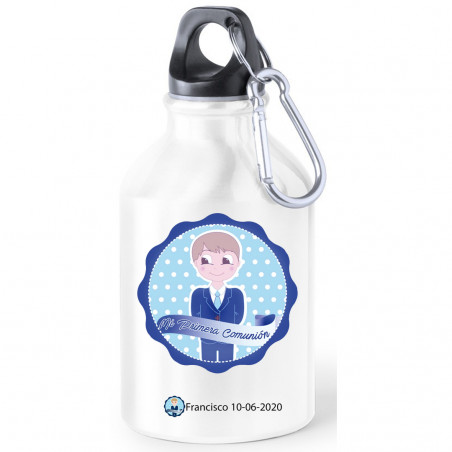 Borracce metalliche per la Comunione con adesivi decorativi per personalizzare la Comunione di un bambino.