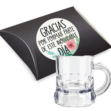 Bicchiere da liquore con manico presentato in una scatola di cartone nera e adesivo di ringraziamento come regalo unisex
