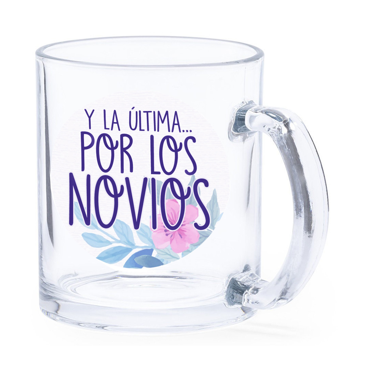 Tazza di vetro con manico con adesivo per dettagli di nozze
