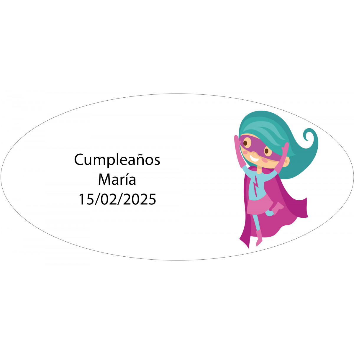 Adesivo ovale personalizzato con nome e data per una bambina supereroe