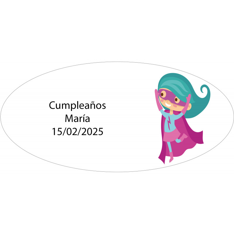 Adesivo ovale personalizzato con nome e data per una bambina supereroe
