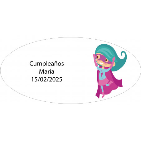 Adesivo ovale ragazza supereroe personalizzato con nome e data