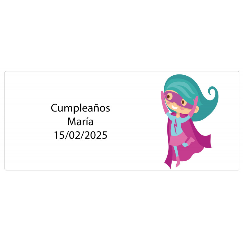 Adesivo rettangolare personalizzato per bambina supereroina con nome e data