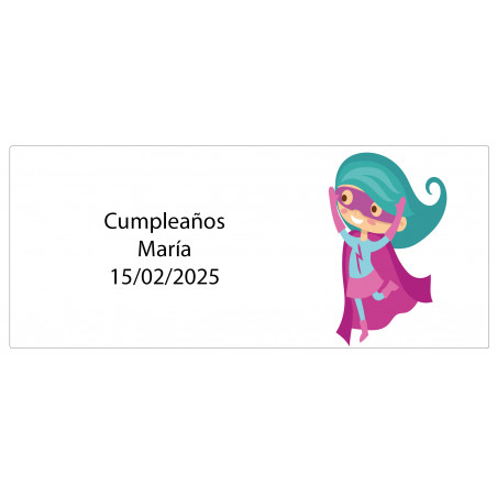 Adesivo rettangolare personalizzato per bambina supereroina con nome e data