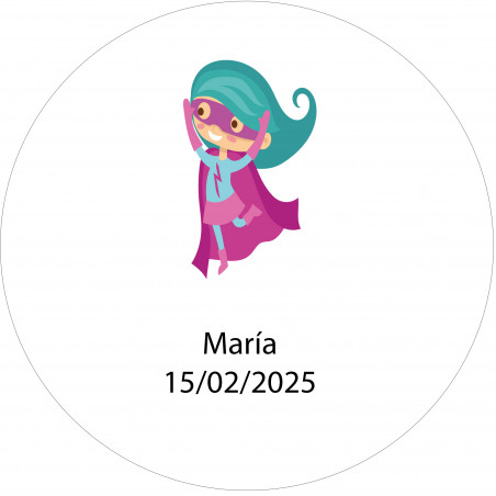 Adesivo rotondo 3cm supereroina bambina personalizzato con nome e data