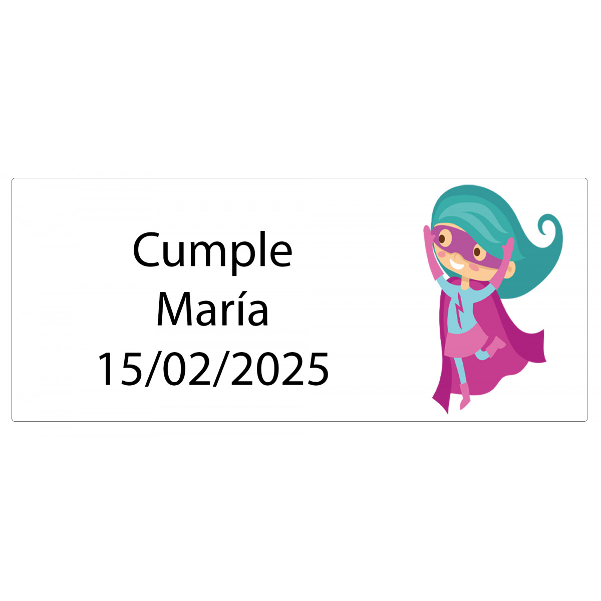Adesivo rettangolare ragazza supereroe 5 x 3 personalizzato con nome e data