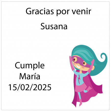 Adesivo quadrato personalizzato con nome dell'invitato e frase di ringraziamento design bambina supereroe
