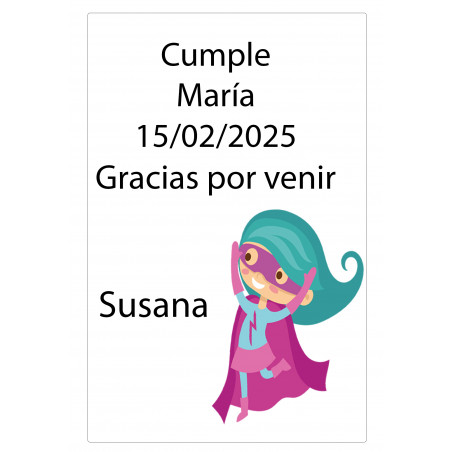 Adesivo personalizzato con nome dell'invitato e frase di ringraziamento. design bambina supereroe