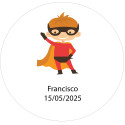 Adesivo rotondo personalizzato del supereroe da 3 cm con nome e data