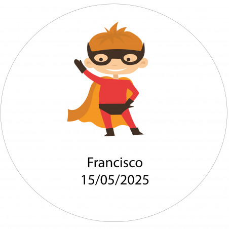 Adesivo rotondo personalizzato del supereroe da 3 cm con nome e data