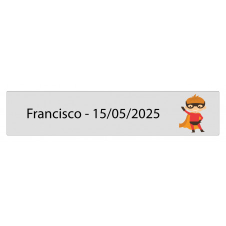 Adesivo rettangolare trasparente 5 x 1 supereroe personalizzato con nome e data