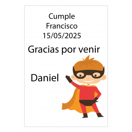 Adesivo personalizzato con nome dell'ospite e frase di ringraziamento. design bambino supereroe