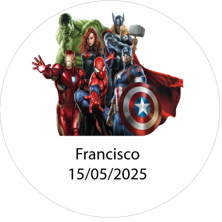 Adesivo rotondo Avengers 3cm personalizzato con nome e data
