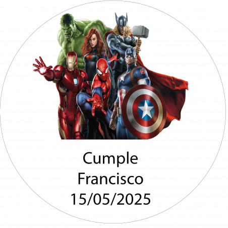 Adesivo rotondo 5 cm Avengers personalizzato con nome e data