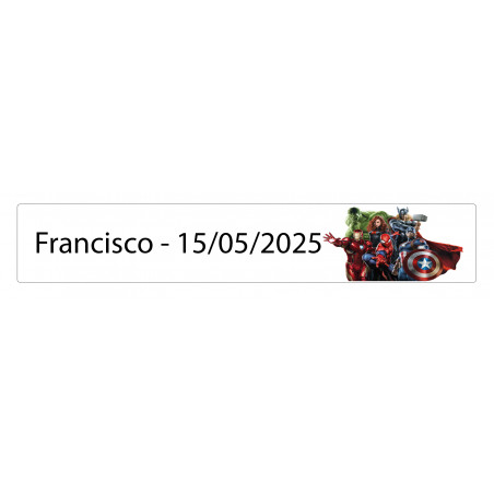 Adesivo rettangolare 5 x 1 Avengers personalizzato con nome e data