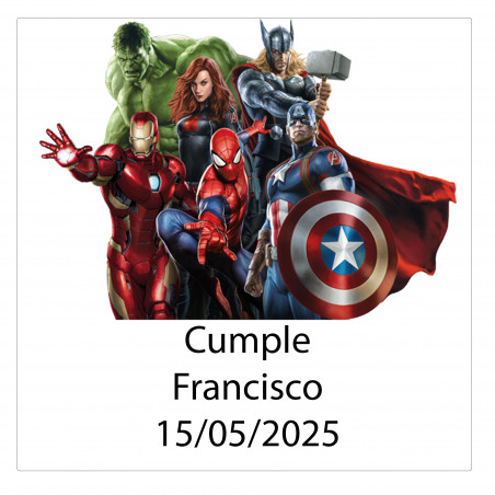 Adesivo quadrato personalizzato con nome e data design Avengers