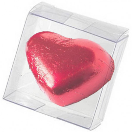 Scatola con cioccolatini a forma di cuore e scatola trasparente con adesivo personalizzato