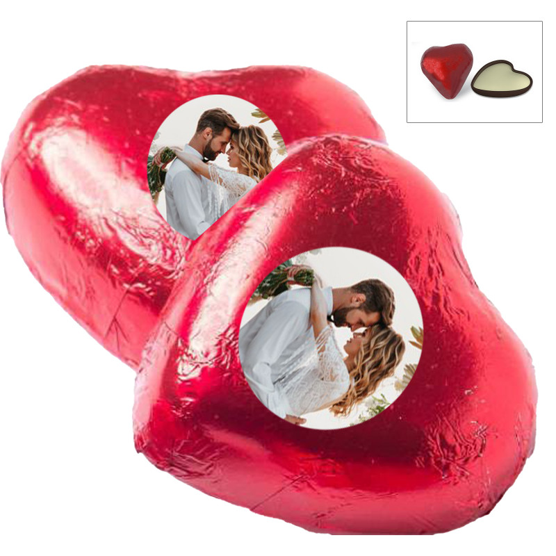 Bonbon di cioccolato a forma di cuore con adesivo personalizzato