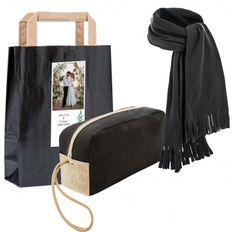 Grande beauty case da uomo con sciarpa in una borsa regalo personalizzata con un adesivo con immagine. Confezione regalo