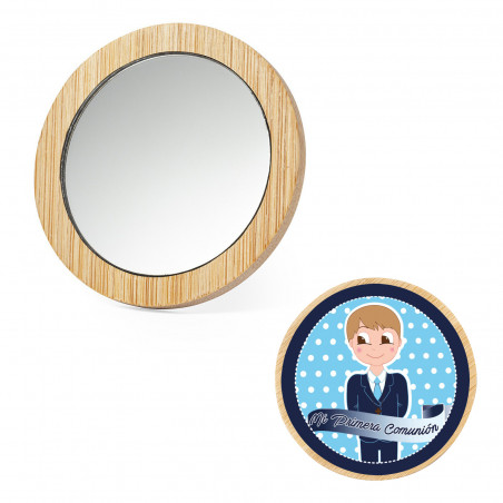 specchio rotondo legno adesivo personalizzato per comunione della bambina sacchetto tessuto