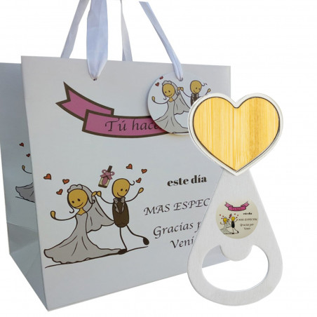Apri bottiglia con manico in legno e presentato in una borsa con adesivi per dettagli matrimoni