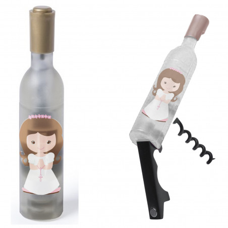 Apribottiglie a forma di bottiglia con calamita personalizzata con adesivo come dettaglio comunione