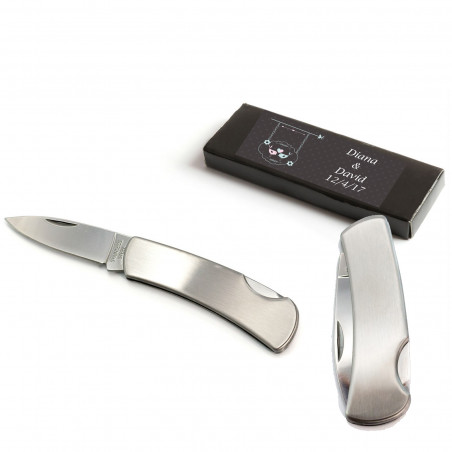 Coltello tascabile in argento in scatola nera con adesivo personalizzato