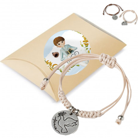 Bracciale da donna in corda con medaglia pendente presentato in confezione regalo con adesivo della comunione