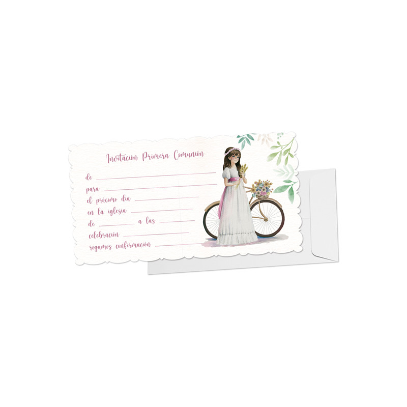 Blister 10 inviti + busta comunione bambina in bicicletta