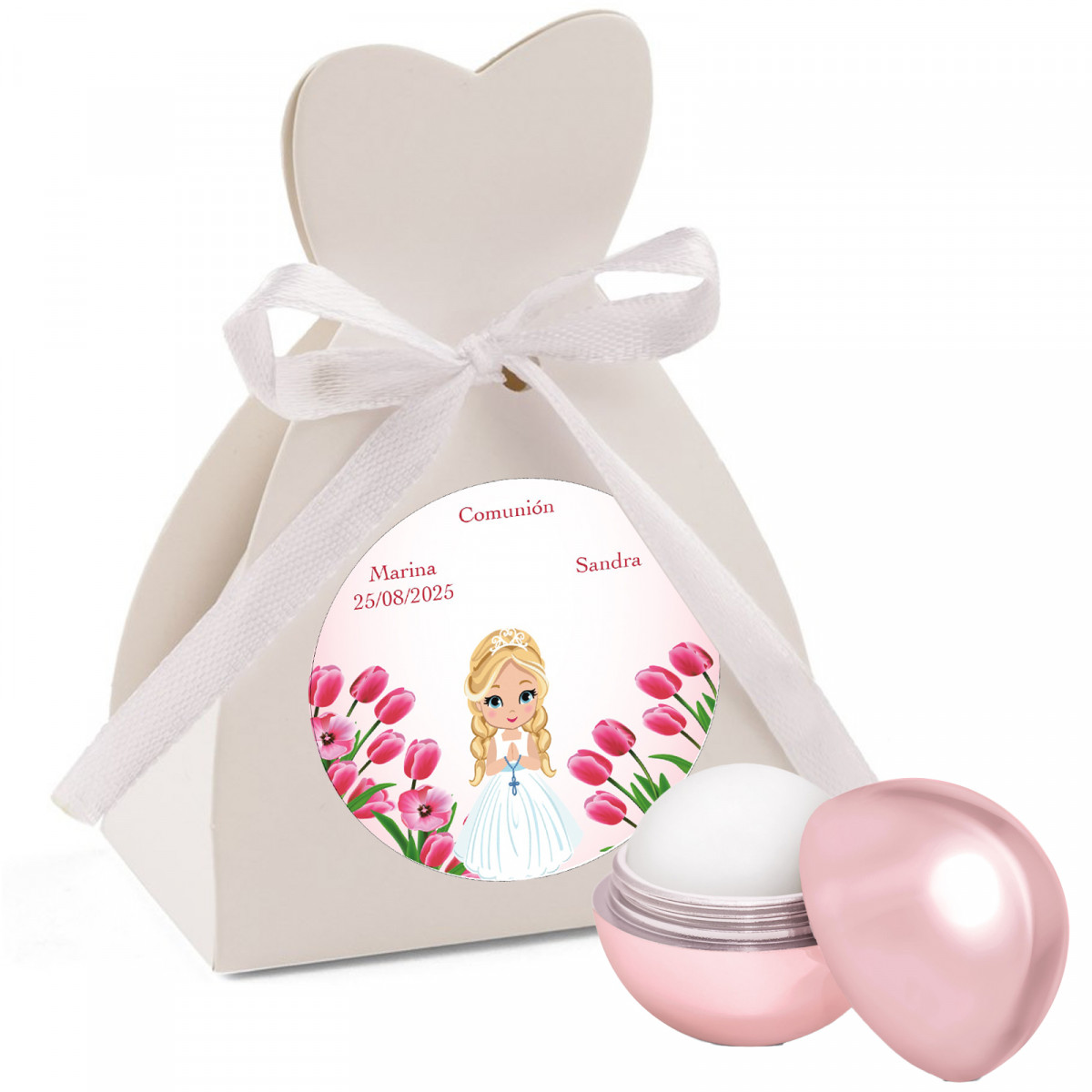 Balsamo per labbra in scatola personalizzata con adesivo per bomboniere comunione