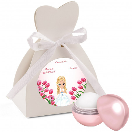 Balsamo per labbra in scatola personalizzata con adesivo per bomboniere comunione
