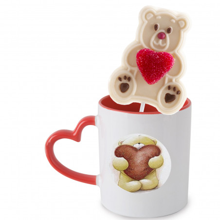 Tazza a forma di cuore con lecca-lecca a forma di orsetto di cioccolato e orsetto gommoso personalizzato a forma di cuore