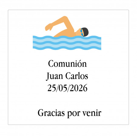 Adesivo quadrato da 5 cm personalizzato con nome, data e frase di ringraziamento